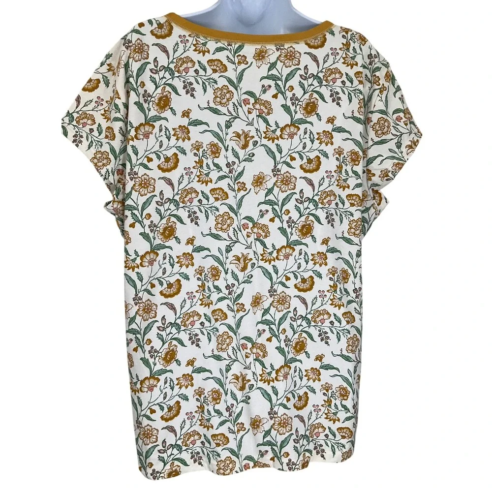Garnet Hill Floral Wrap Neck Top Women's XL Cream Mustard‎ Yellow Organic Cotton